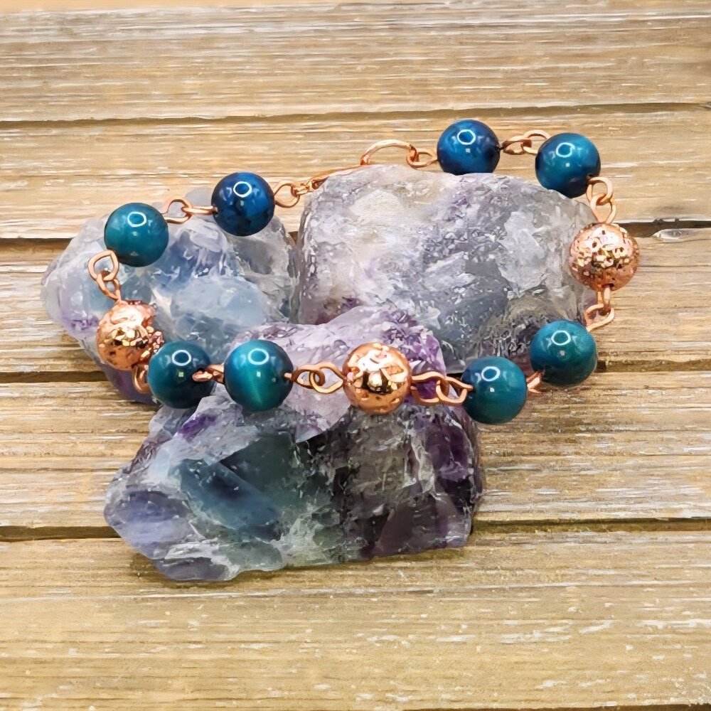 Blue Green Tigers Eye and Copper Electroplated Lava Rock Linked Bracelet